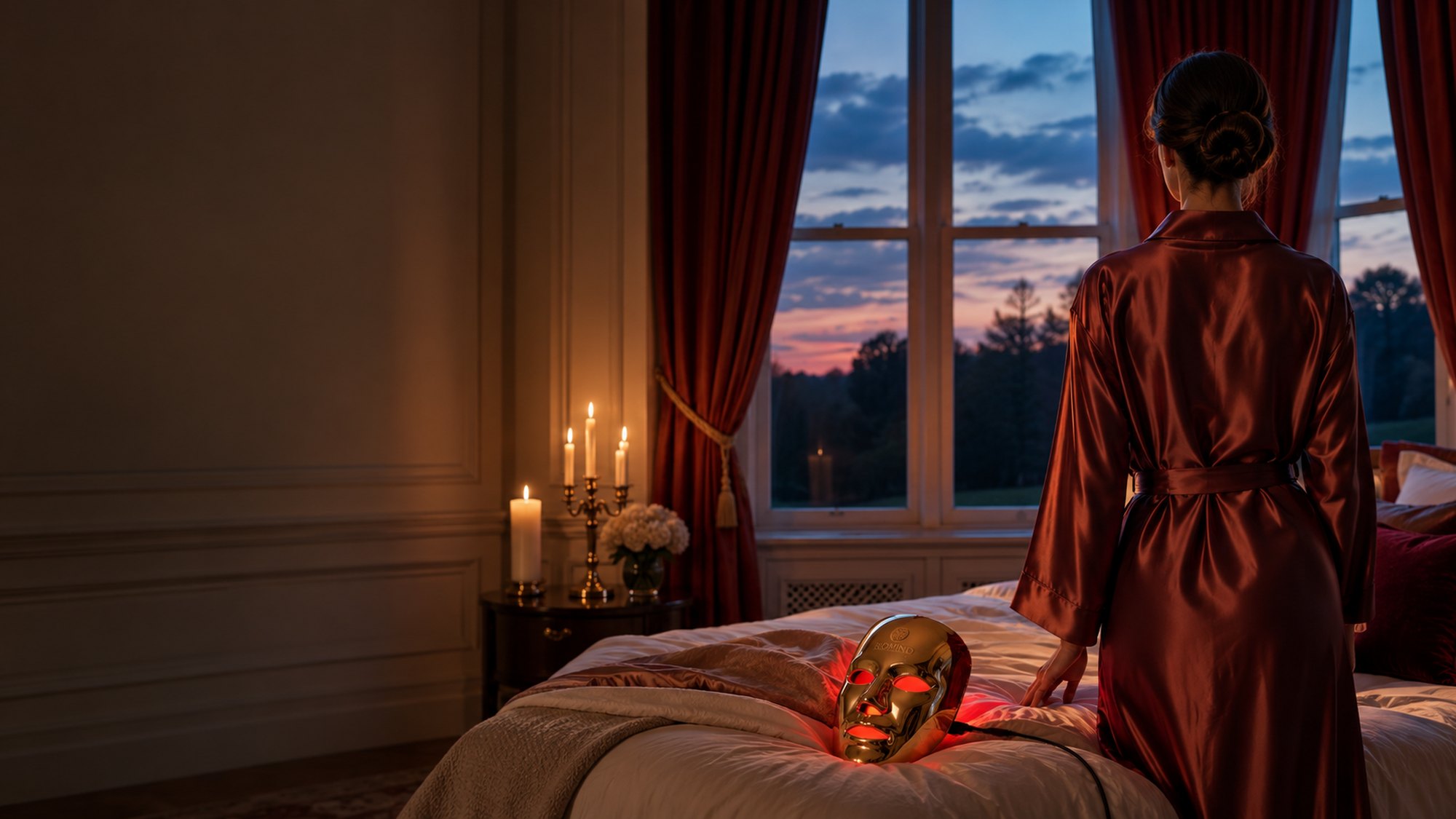 Manor bedroom at dusk: woman in a silk robe by the window, a gold LED mask with red light on lying on the bed, candles