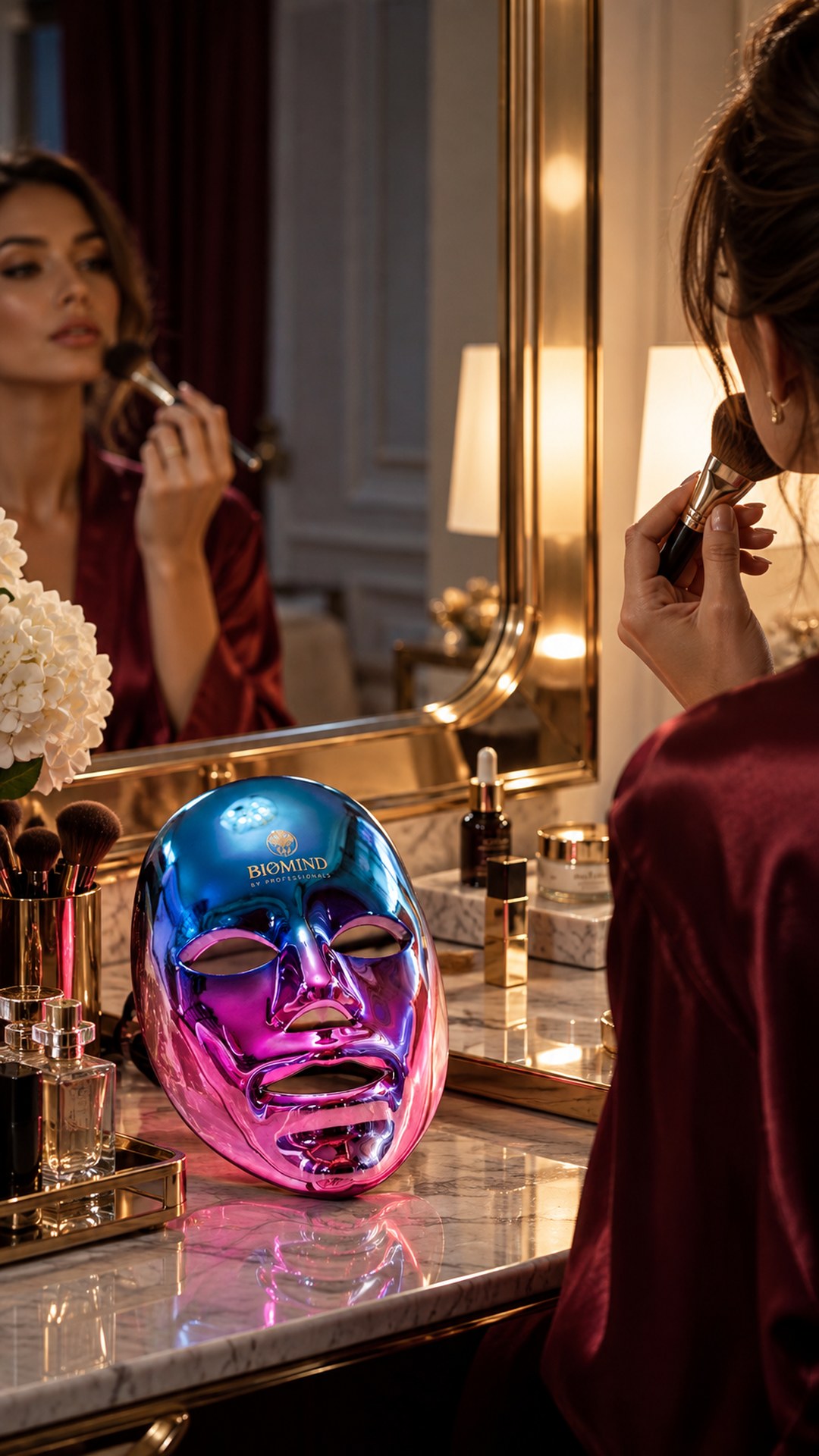 Chrome Biomind LED mask on a marble dressing table, woman in a wine-coloured robe at the mirror