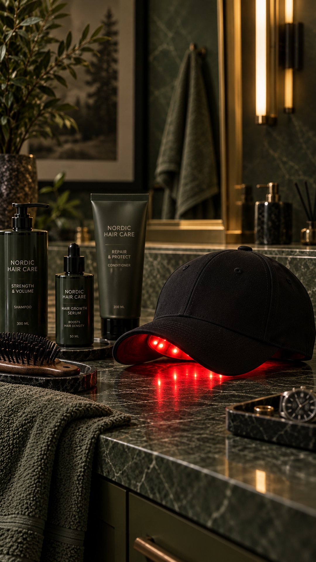 Black LED cap with its red light switched on, on a green marble bathroom counter, next to a brush, a towel and hair care bottles