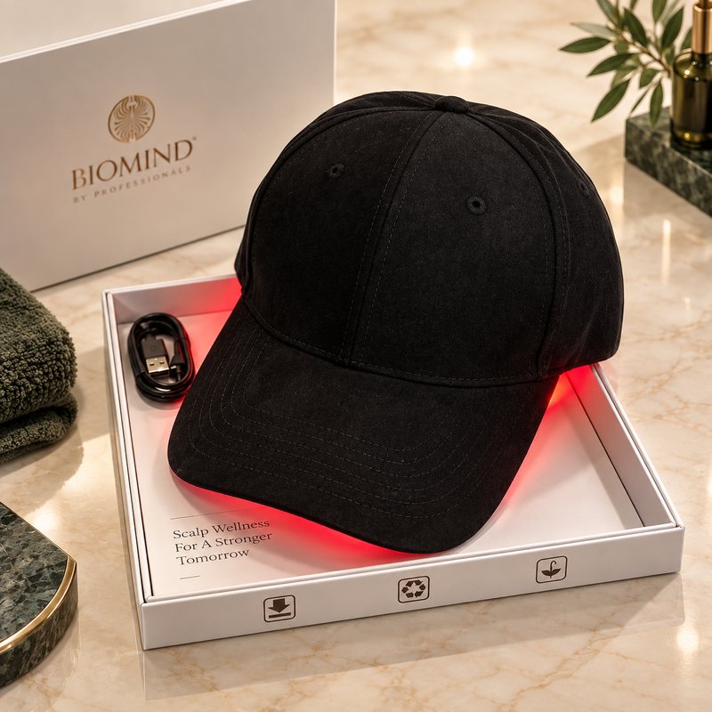 Black Biomind LED cap in its box with a USB cable on marble, red light glowing through the edge