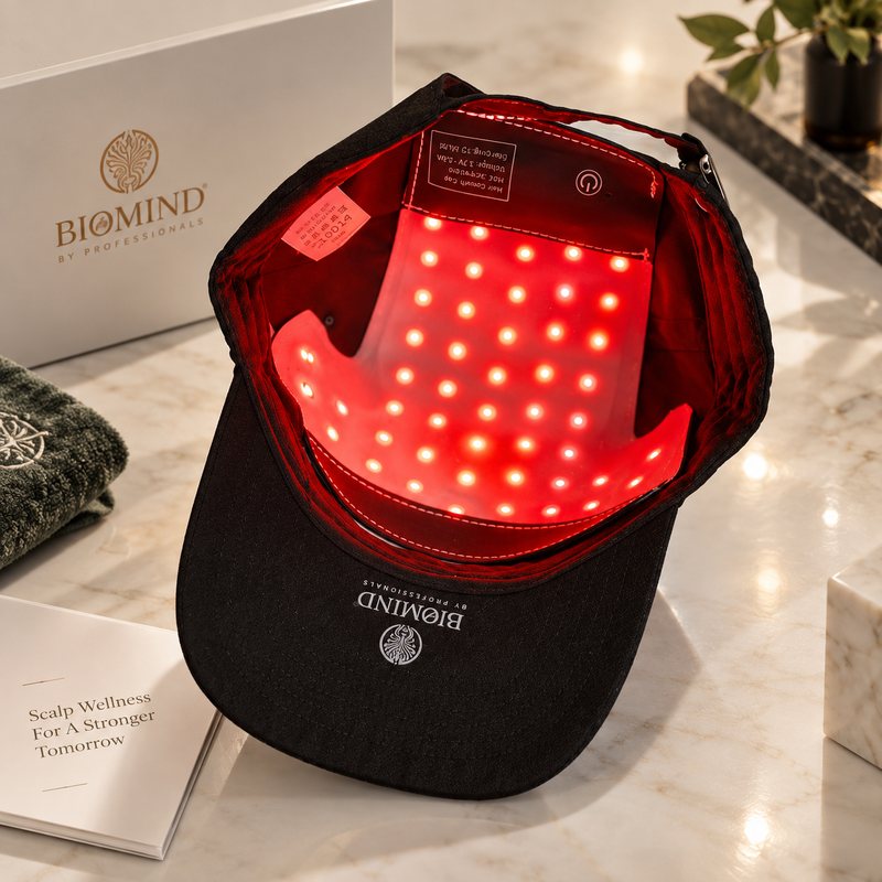Biomind LED cap turned inside out with its red LED insert switched on, a box and a towel beside it