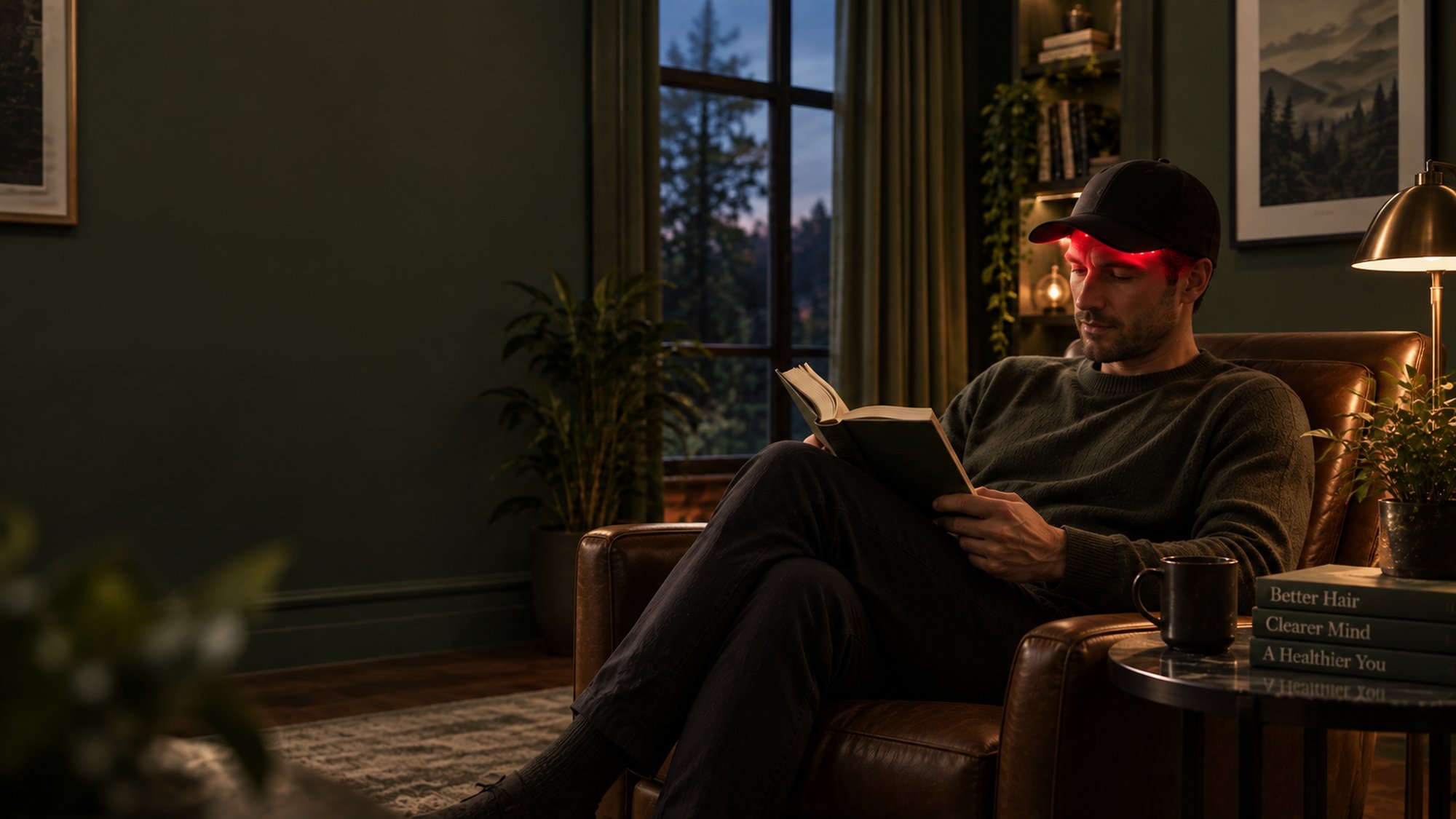 Man wearing a switched-on LED cap reading a book in a leather armchair in the evening, green living room, lamp, window