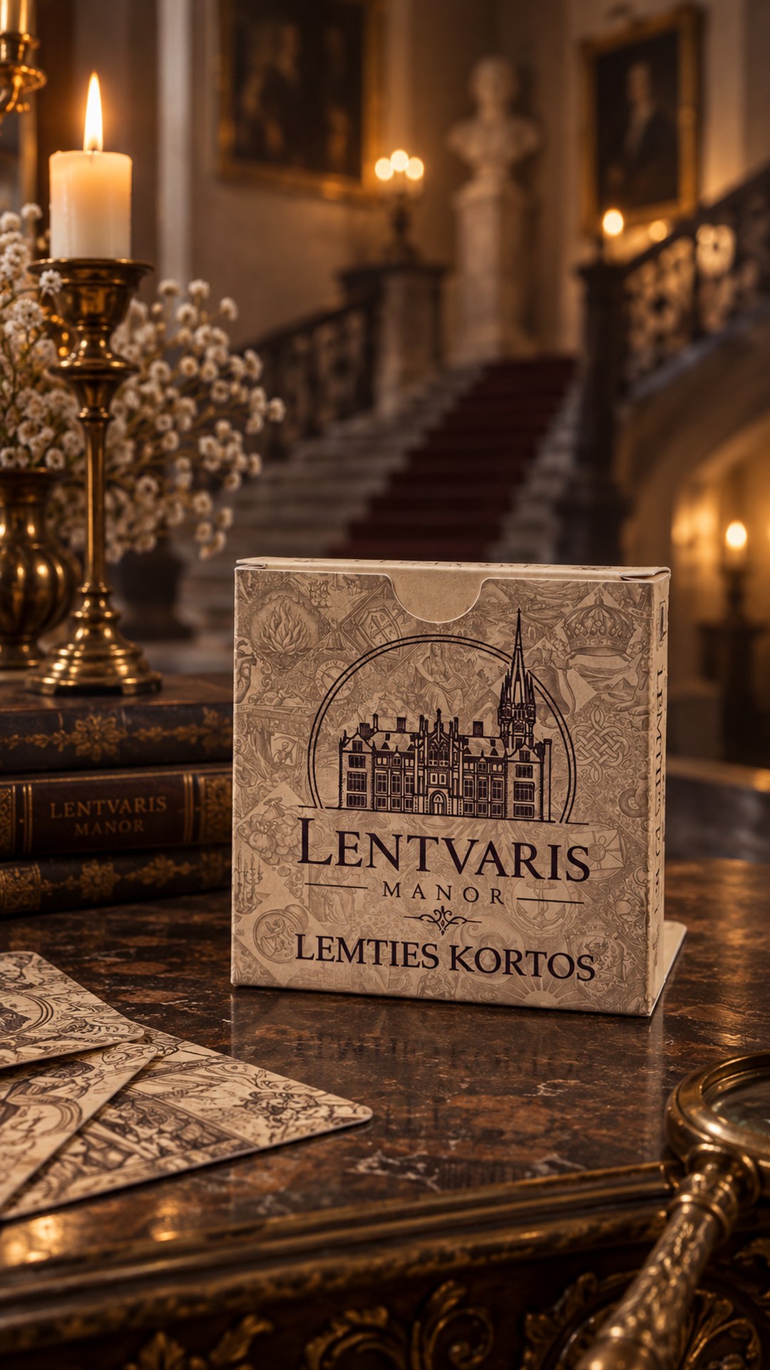 The fortune cards box on a marble table by a candle, the palace’s grand staircase in the background