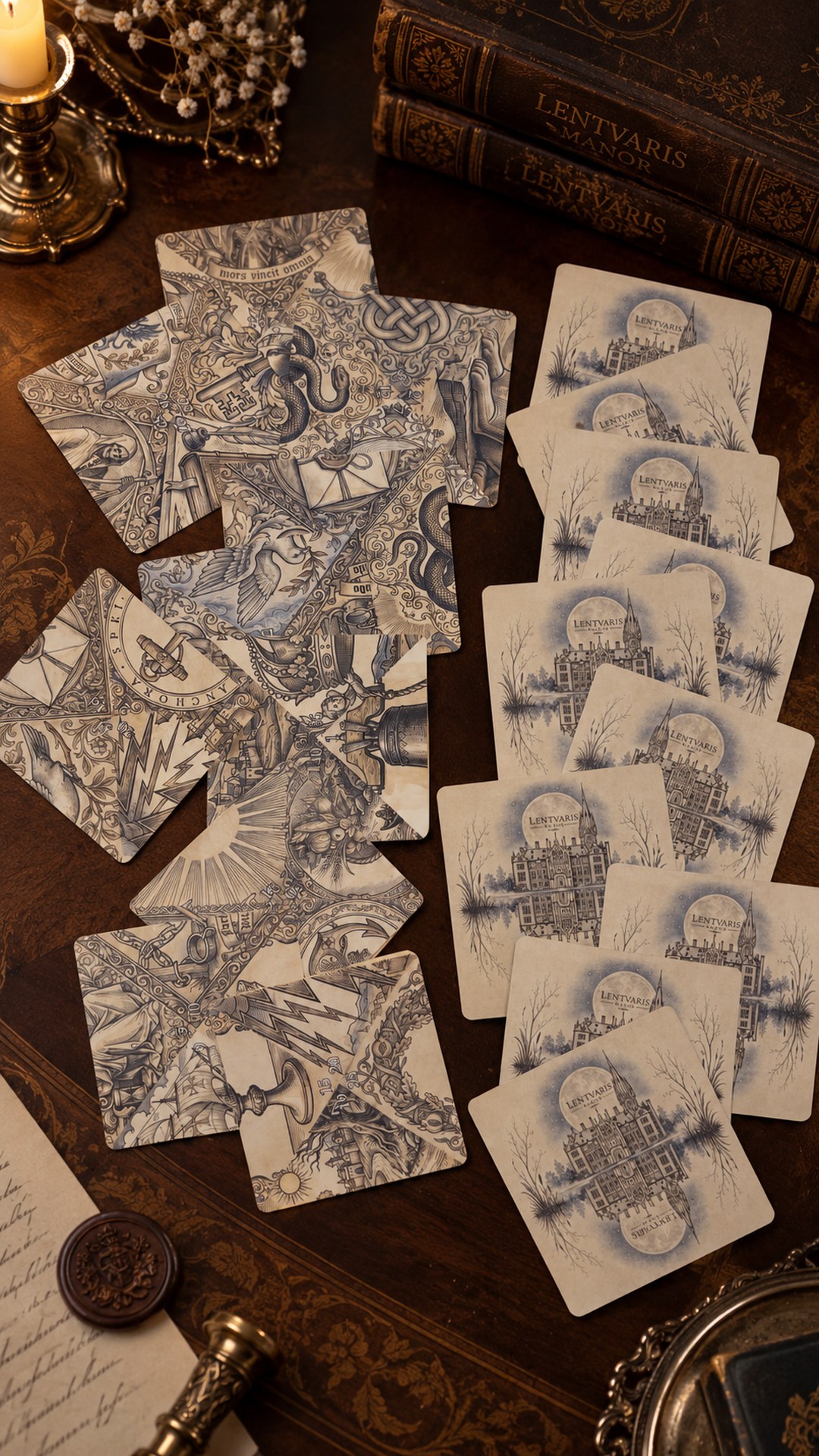 Fortune cards on a writing desk: spread symbol fragments on the left, card backs with the palace in moonlight on the right, a candle and a wax seal