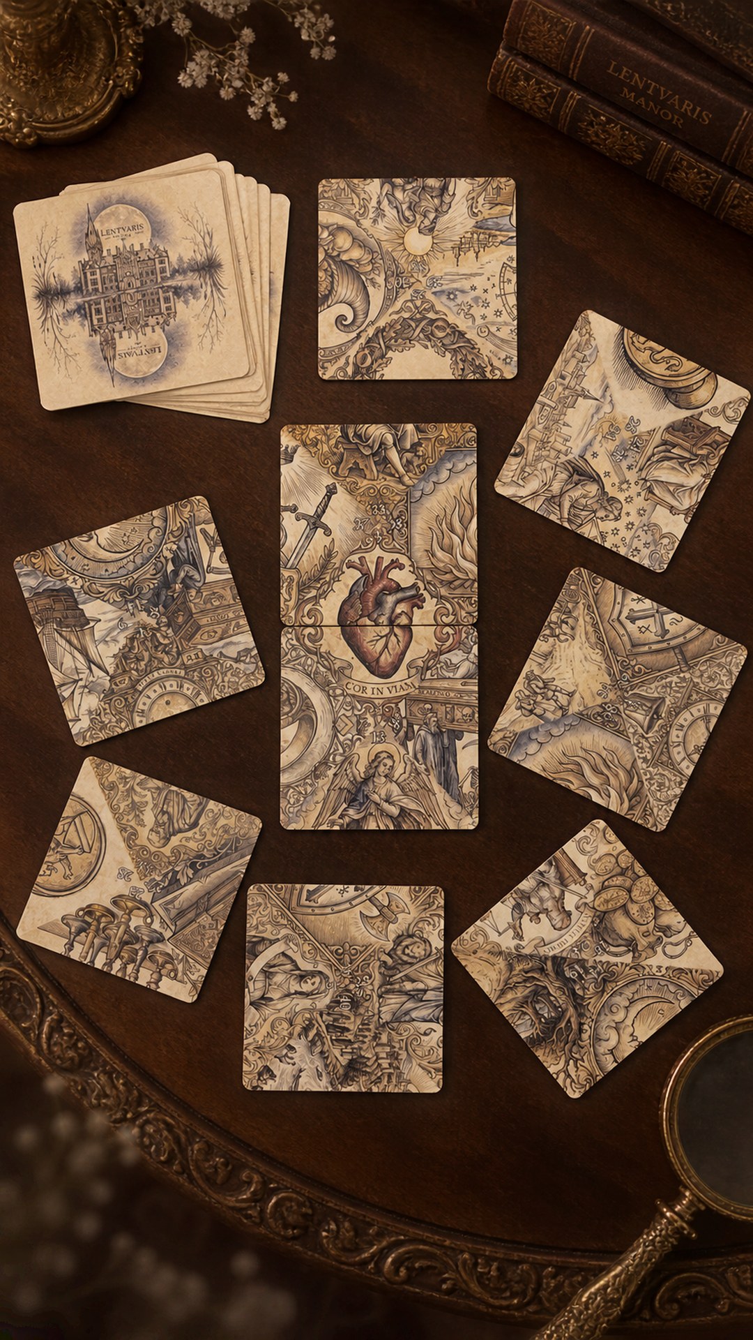 Lentvaris Manor fortune cards laid out on a dark wooden table: a deck with the palace on the back and two cards joined into a heart “Cor in viam”