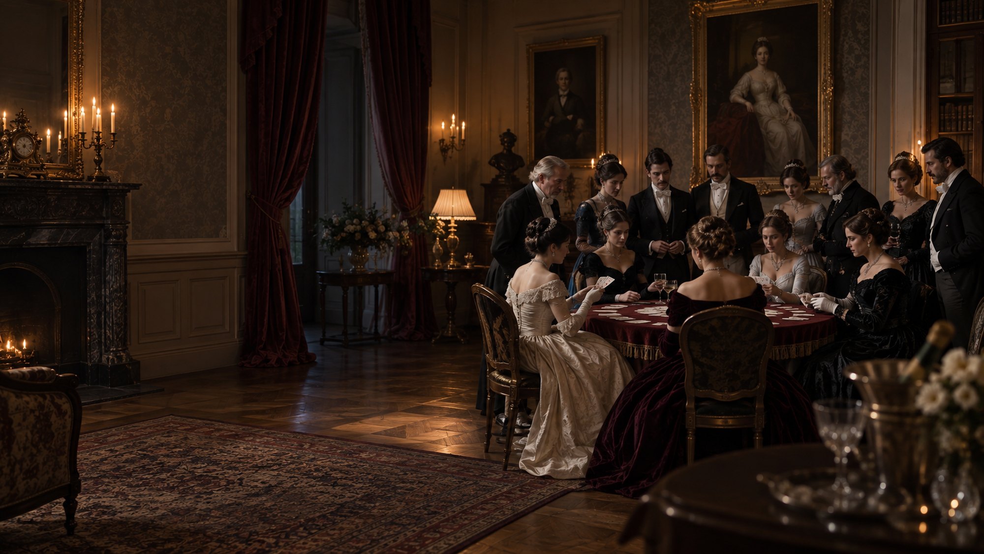 A 19th-century manor salon in the evening: ladies and gentlemen at a card table with red velvet, a fireplace, candles and portraits