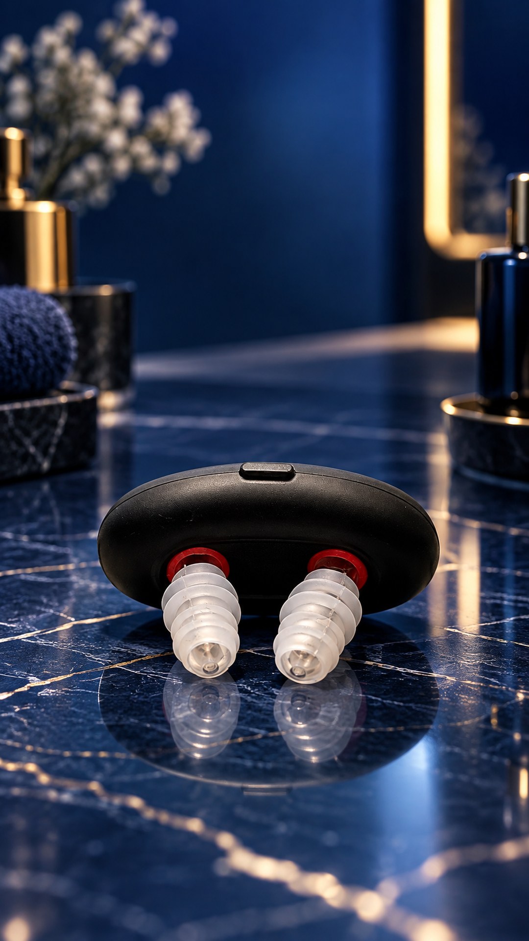 “Biomind” nasal LED device switched off, with two silicone tips, on a dark blue marble bathroom counter; gold bottles and a towel in the background