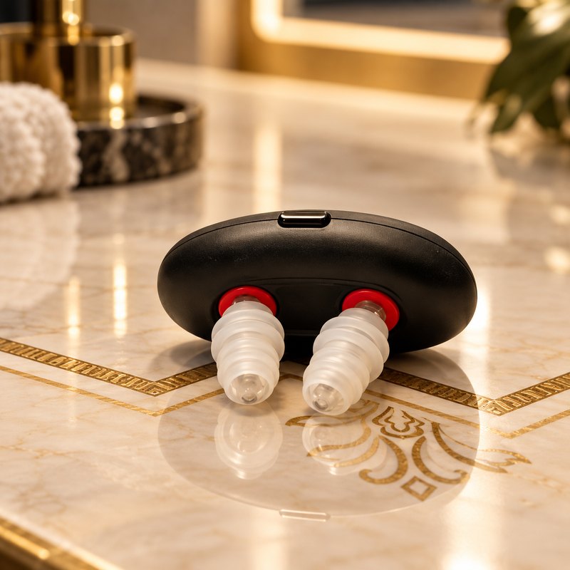“Biomind” nasal LED device switched off, with two silicone tips, on white marble with a gold inlay