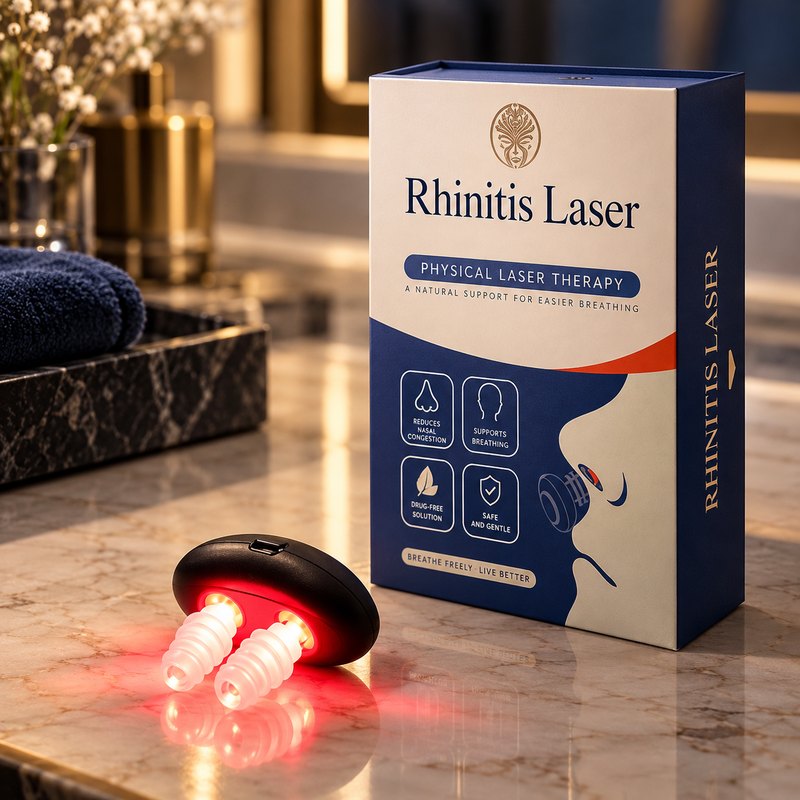 “Biomind” nasal LED device switched on, next to its box on a marble bathroom counter