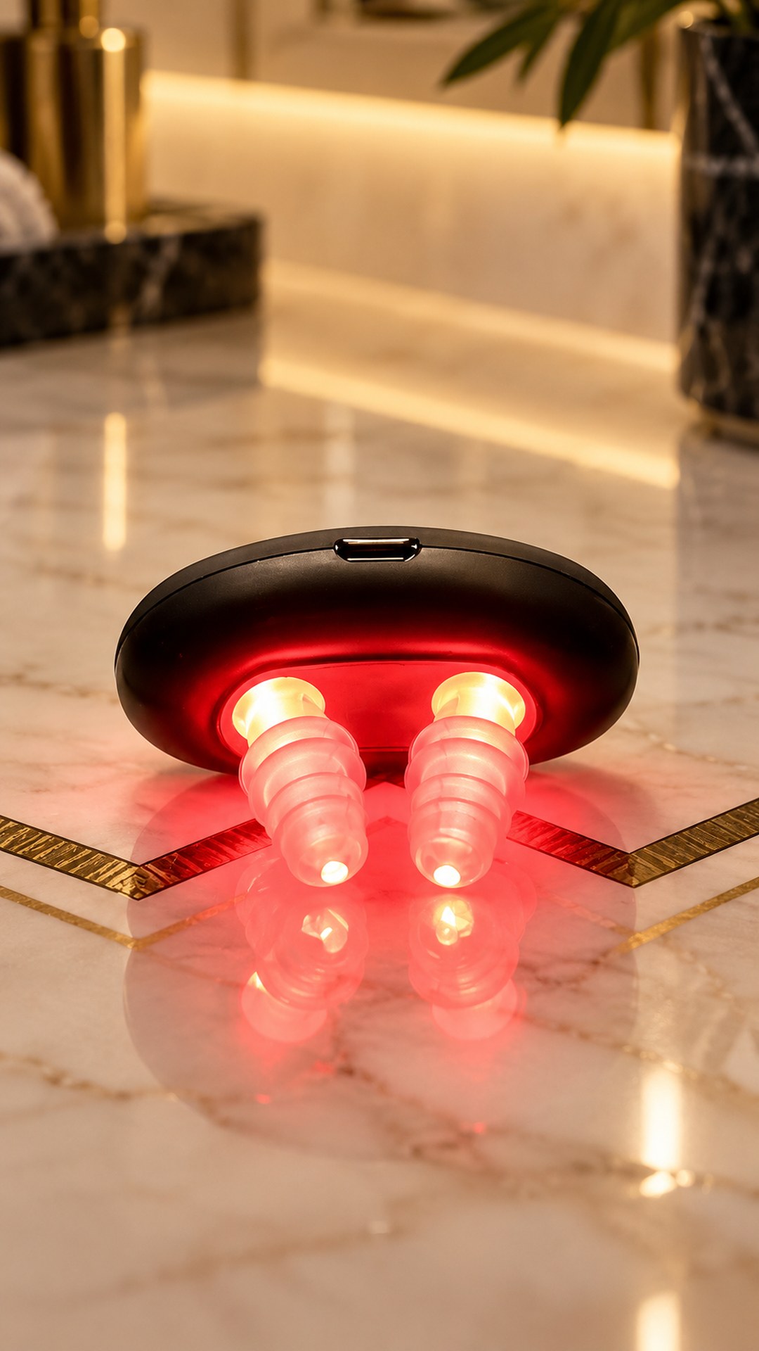 “Biomind” nasal LED device switched on, with glowing red tips, on white marble with a gold inlay; gold bathroom accessories in the background