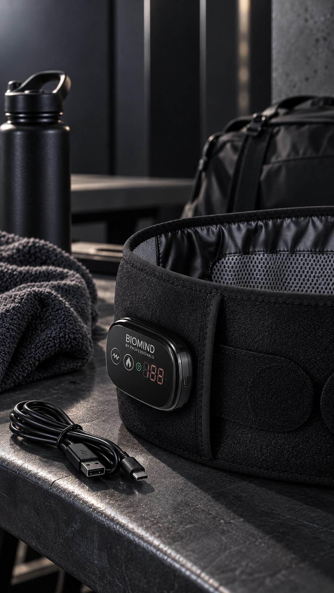 “Biomind” LED back wrap with the control display and Type-C cable on a gym table, a water bottle and towel beside it