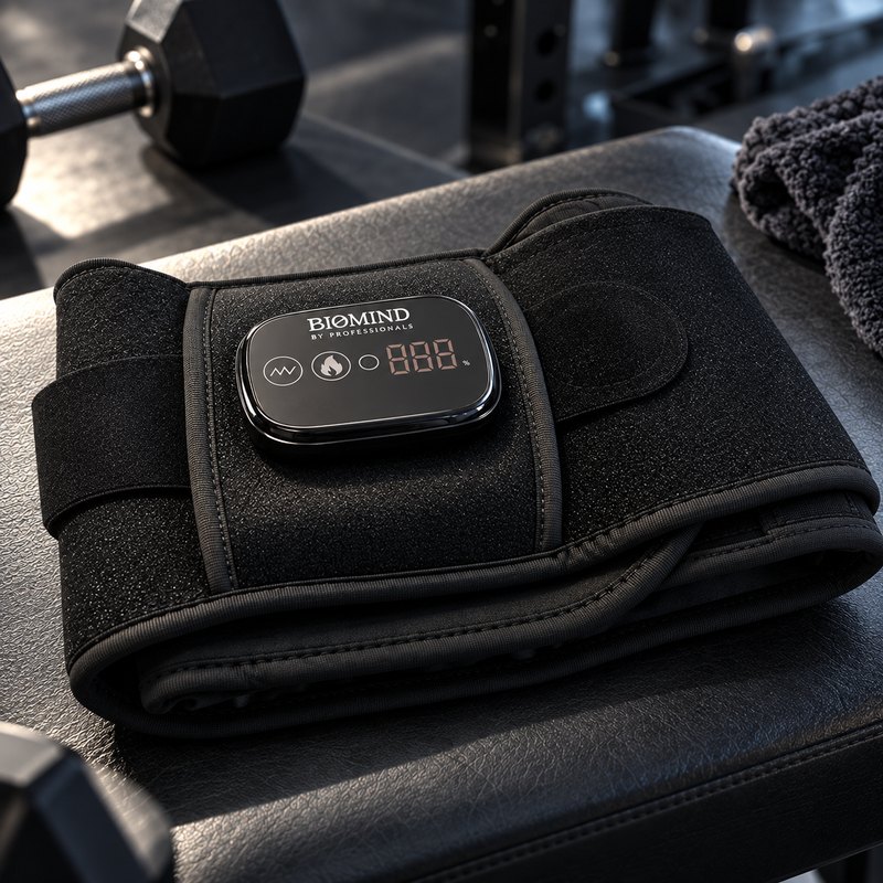 Folded “Biomind” LED back wrap with the control display on a gym bench, a dumbbell beside it