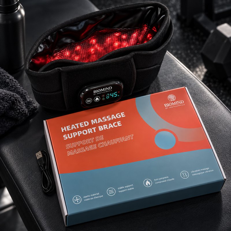“Biomind” LED back wrap with the red LEDs switched on, next to the box and USB cable on a gym bench