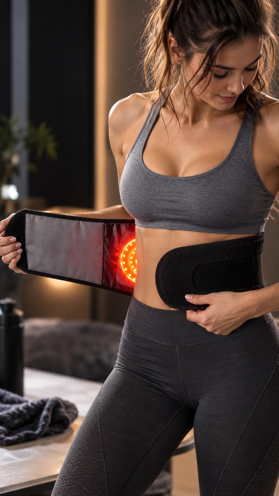 A woman in sportswear fastening the switched-on “Biomind” LED back wrap — the inside with the red LEDs is visible