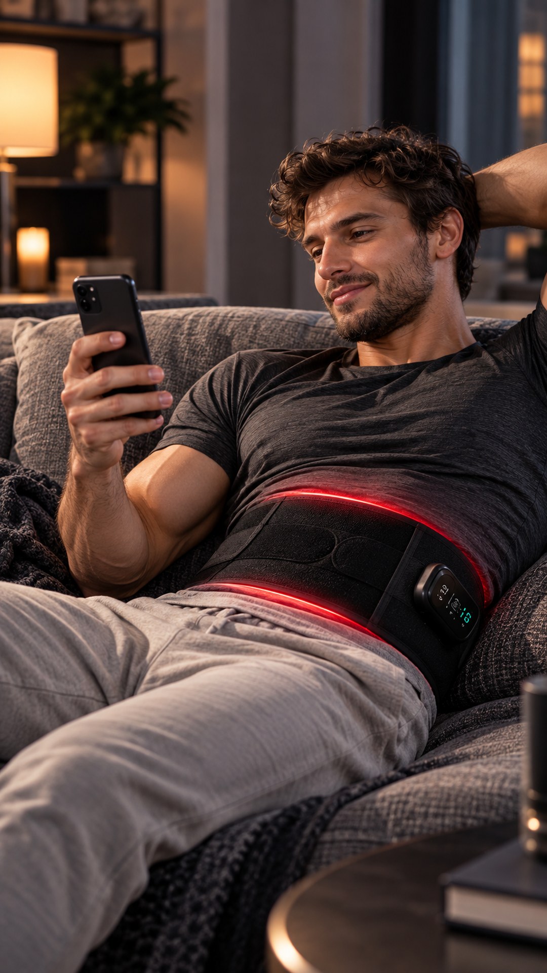 A man on a sofa with a phone in his hand, wearing the switched-on “Biomind” LED back wrap
