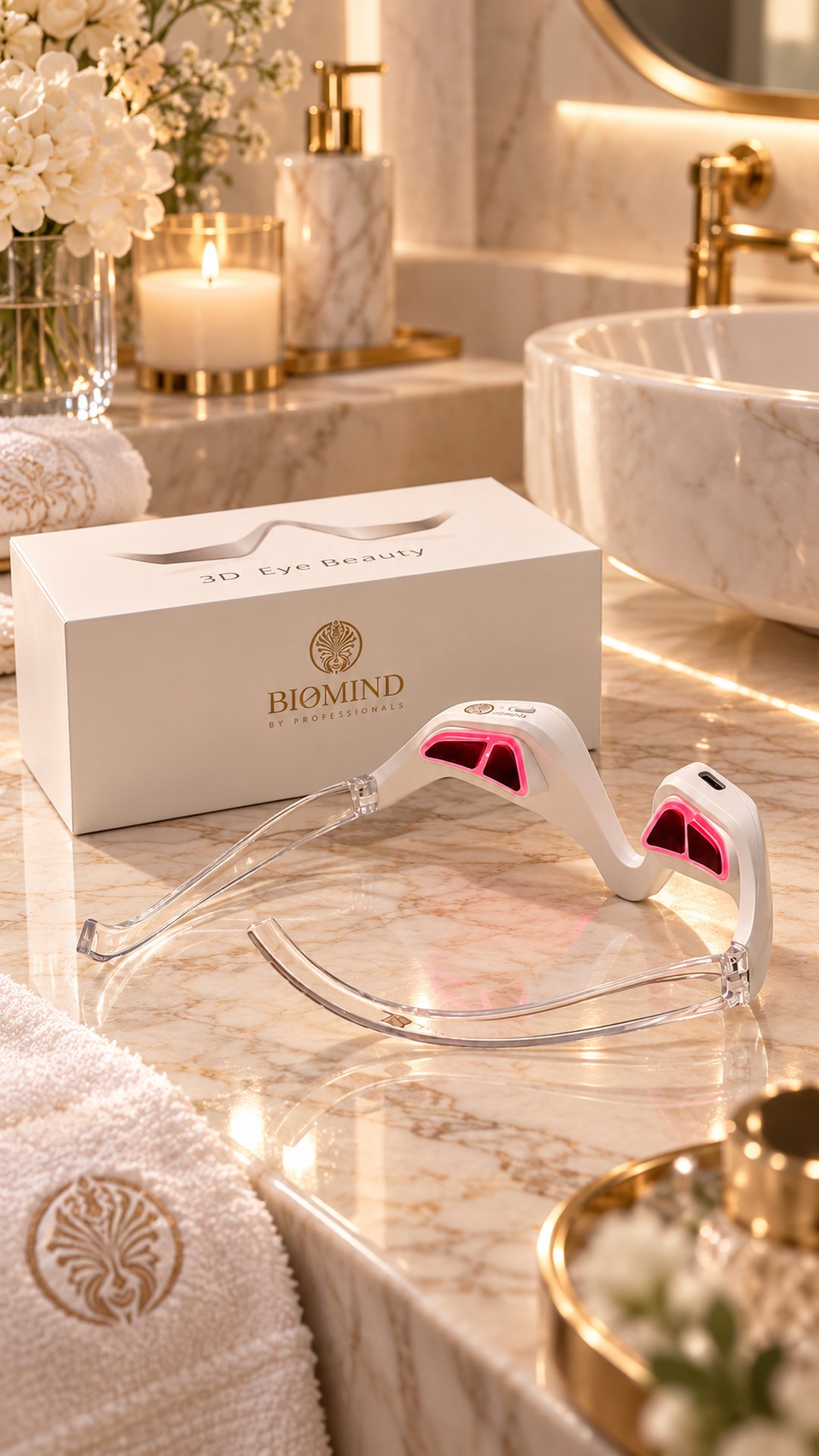 An under-eye massager with its red pads switched on in front of a white Biomind “3D Eye Beauty” box on a marble bathroom counter, a candle and flowers