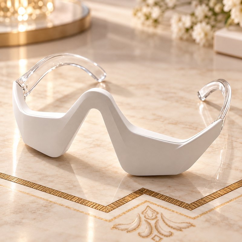 A white under-eye massager with transparent arms on marble with a gold ornament