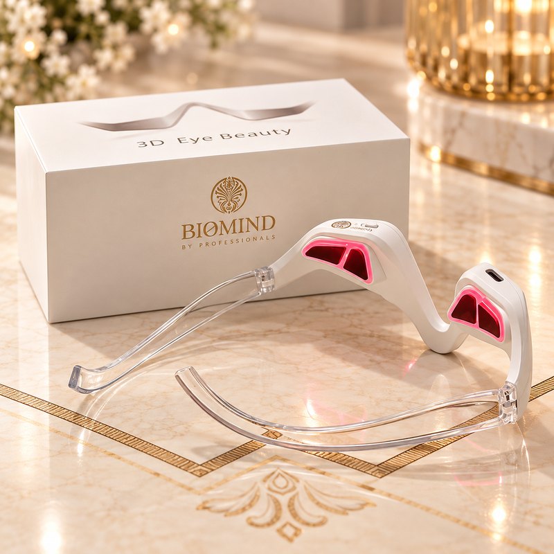 An under-eye massager with its red LED pads switched on in front of a white Biomind “3D Eye Beauty” box