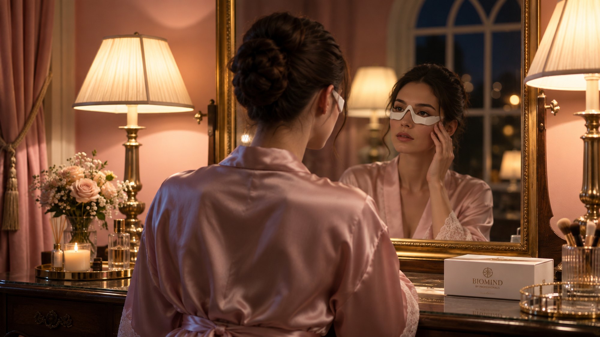 A woman in a silk robe at the manor’s dressing-table mirror with an under-eye massager, lamps, roses and a Biomind box