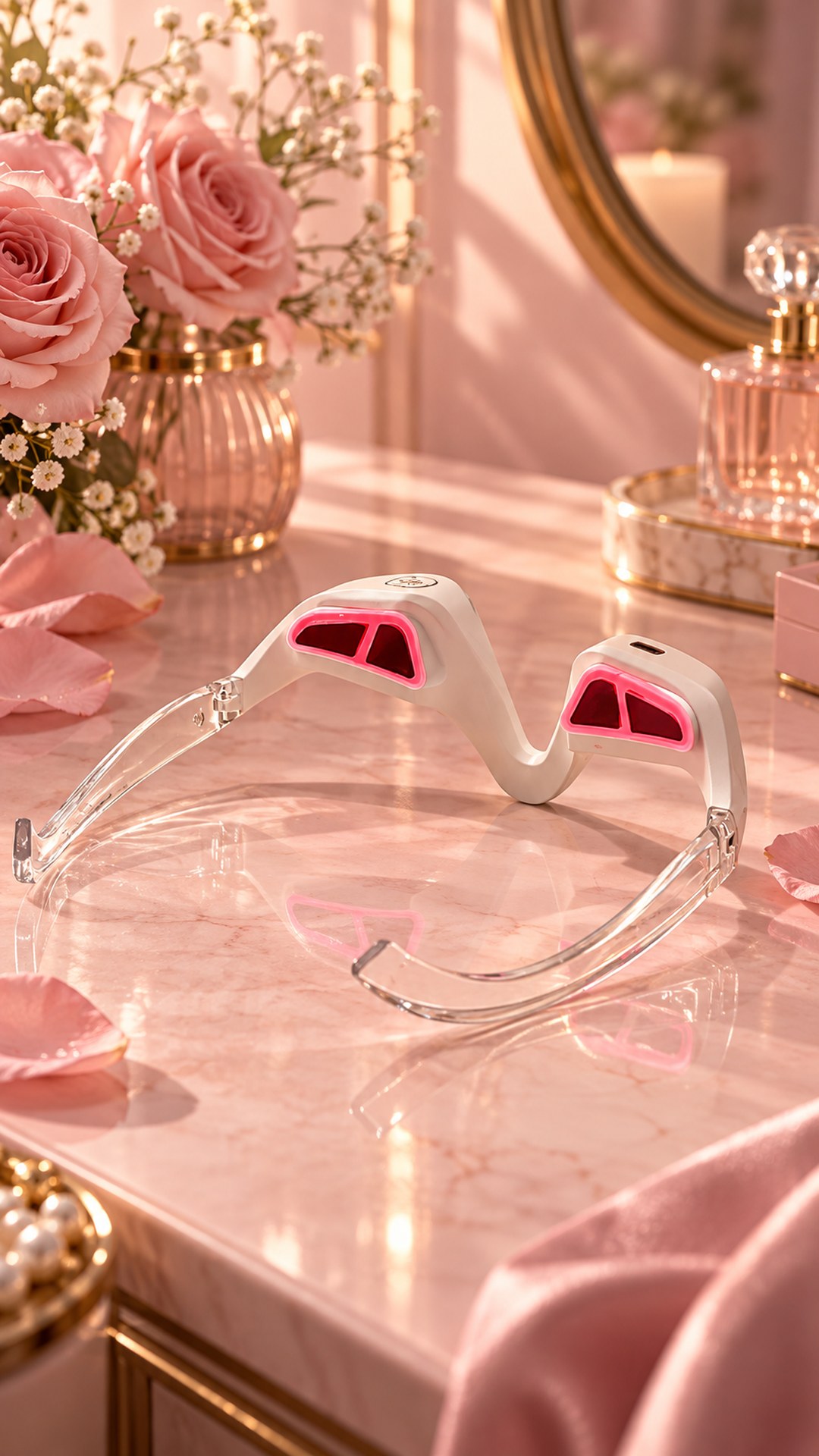 An under-eye massager with its red pads switched on, on pink marble, with roses, rose petals and perfume