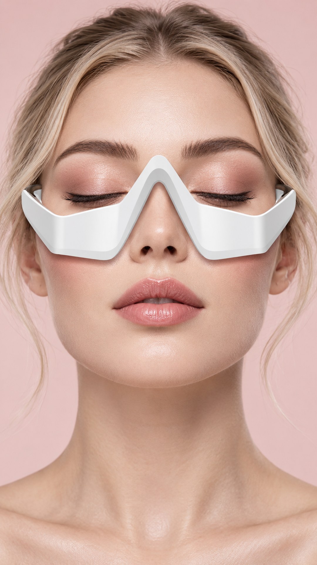 A woman with her eyes closed wearing a white under-eye massager against a pink background — the frame on her nose, the pads under her eyes