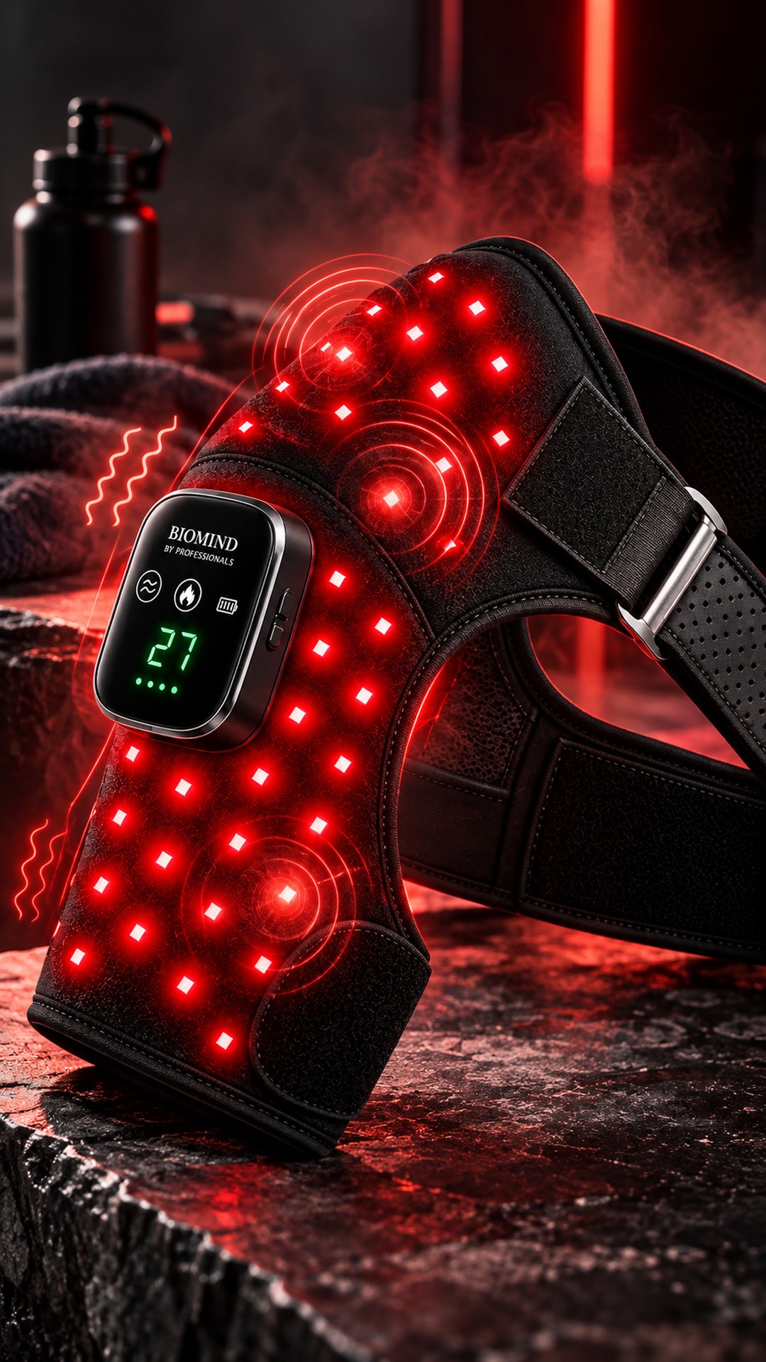 “Biomind” LED shoulder wrap with the red LEDs switched on and the control display reading “27”, on dark stone with red lighting behind