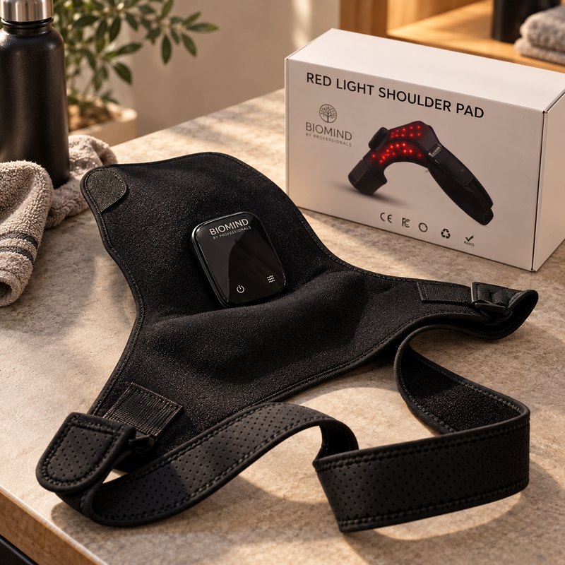 “Biomind” LED shoulder wrap switched off, with its control unit, next to the box on a table