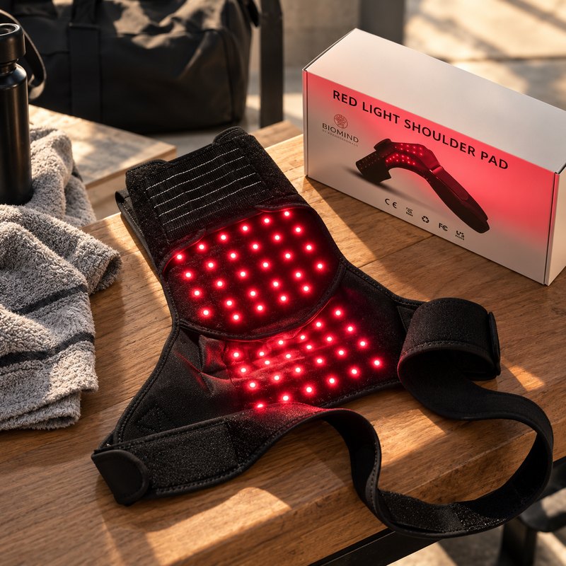 Inside of the “Biomind” LED shoulder wrap with the red LEDs switched on, next to the box on a wooden table