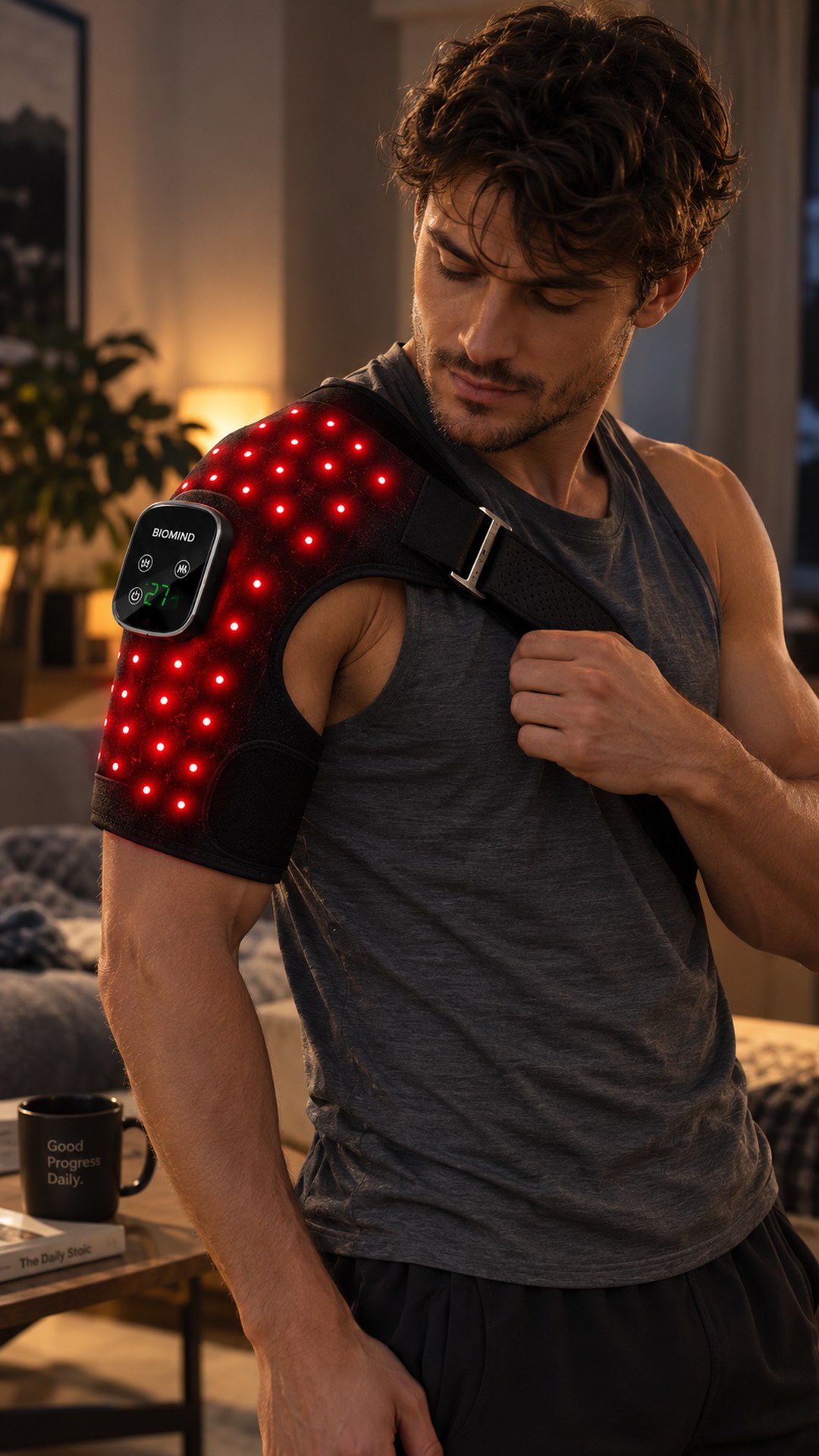 A man at home in the evening wearing the switched-on “Biomind” LED shoulder wrap, fastening the chest strap