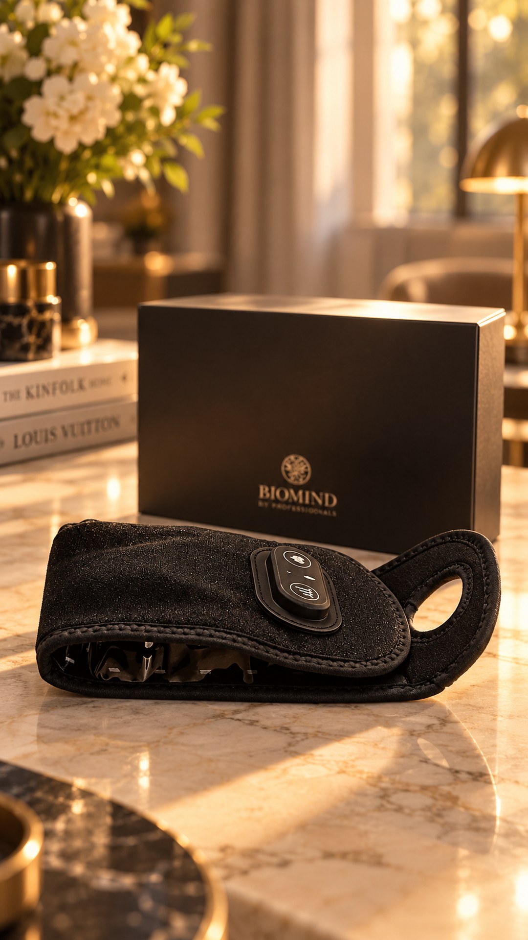 Folded “Biomind” LED wrist band with its control unit in front of the black box on a marble table