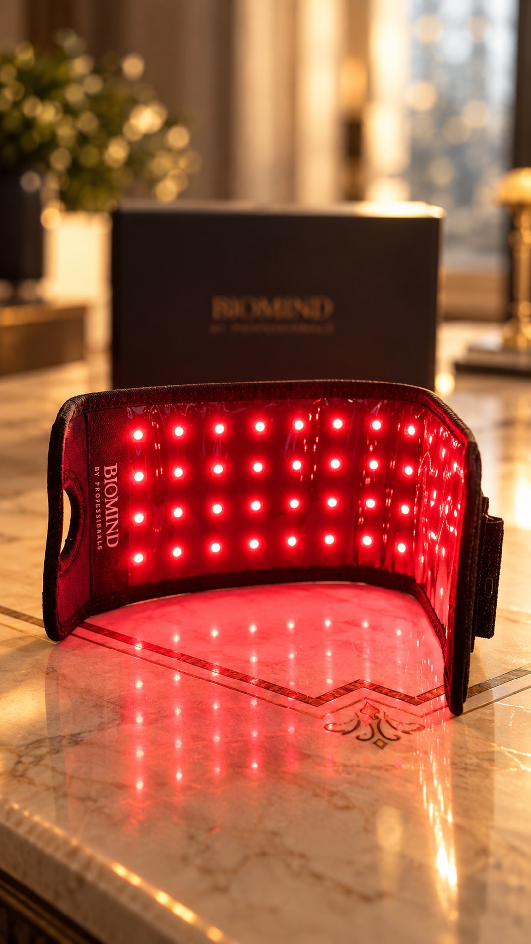 Curved “Biomind” LED wrist band with the red LEDs switched on, on a marble table, the box behind