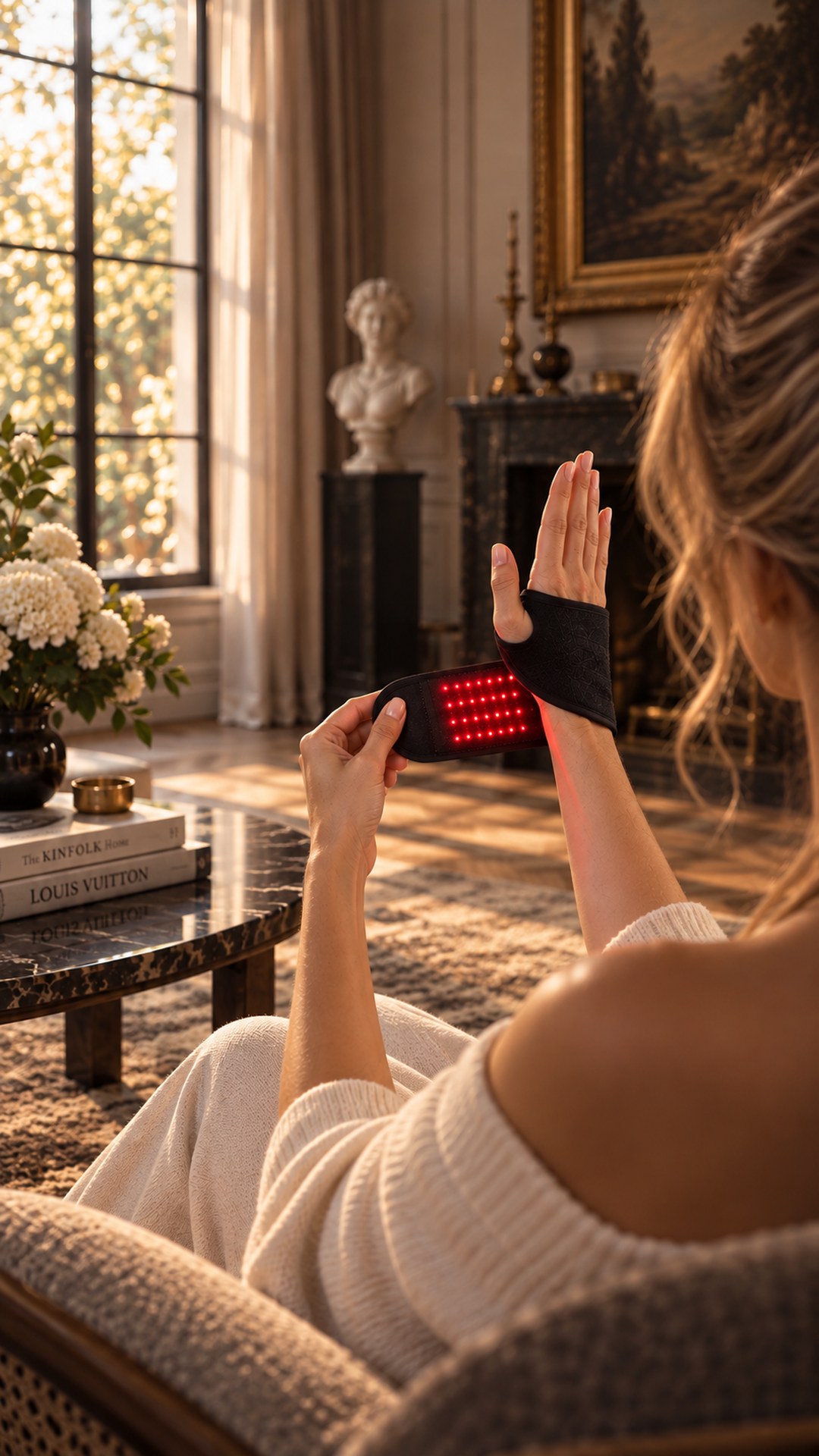 A woman in an armchair in a manor drawing room wrapping the switched-on “Biomind” LED wrist band around her wrist, a fireplace and a bust behind