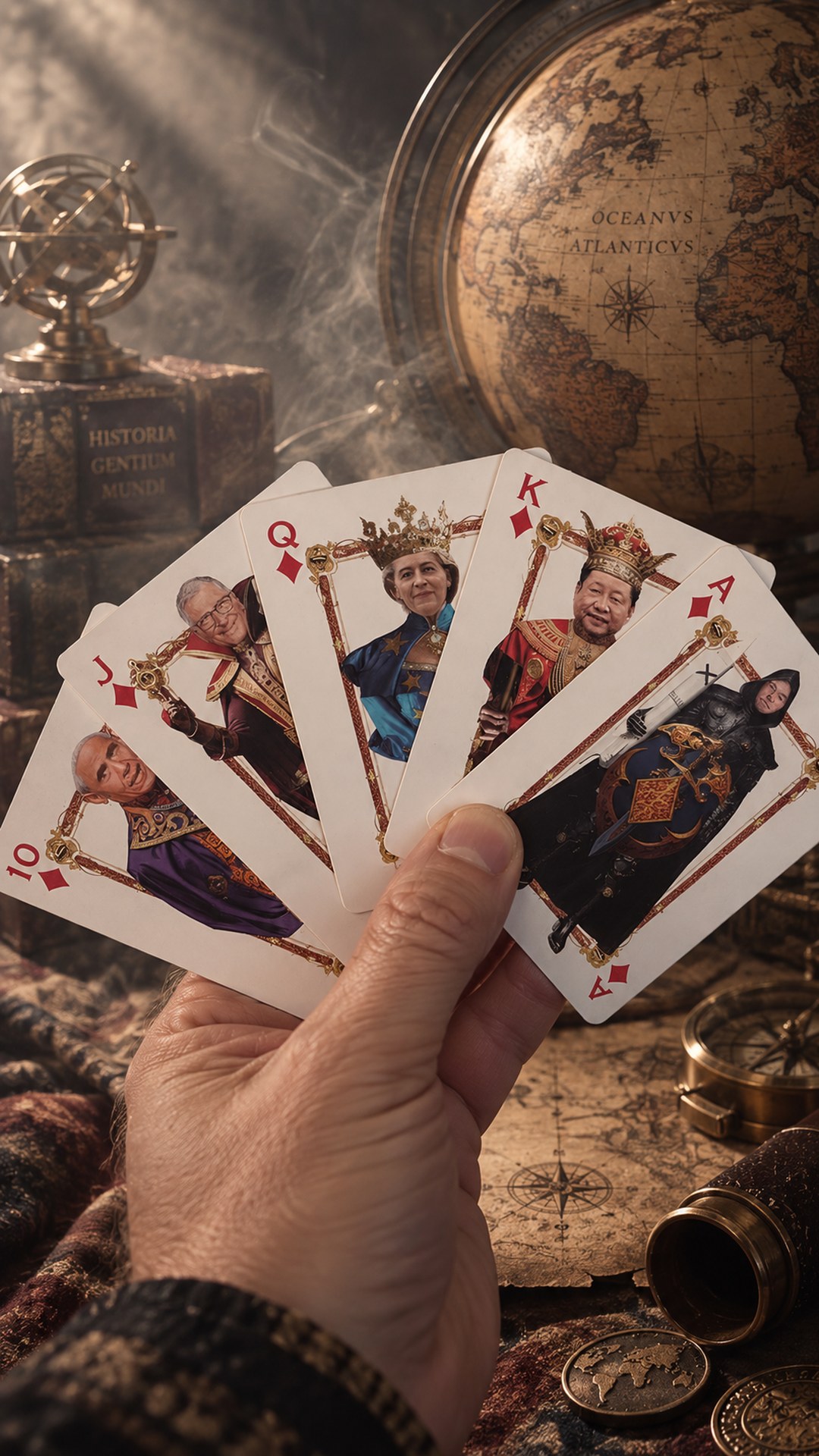 A hand holding the 10, J, Q, K and A of diamonds from the “World Superheroes” deck — world politicians in crowns, with an old globe and an armillary sphere in the background