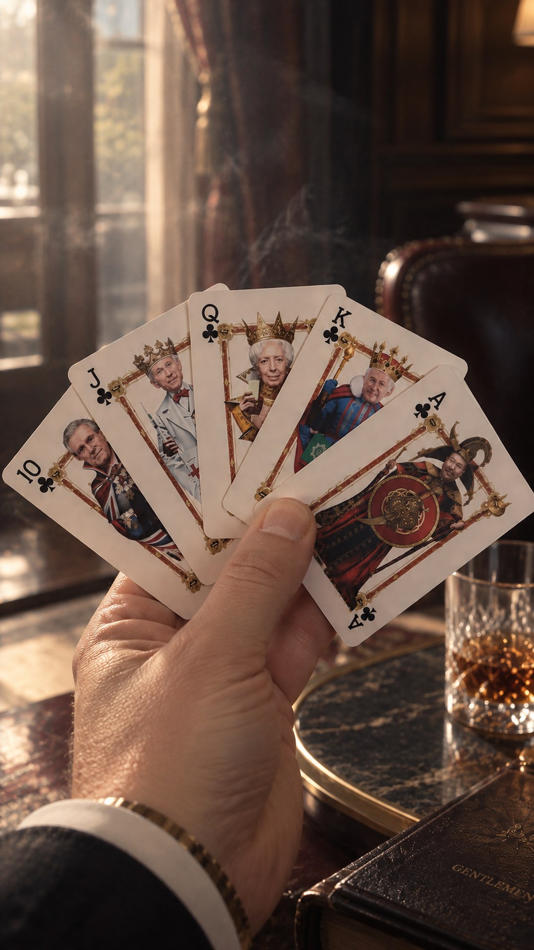 A hand holding the 10, J, Q, K and A of clubs from the “World Superheroes” deck — Charles III, Gates, Lagarde and others in crowns, with a gentlemen’s club hall and a glass of whisky in the background