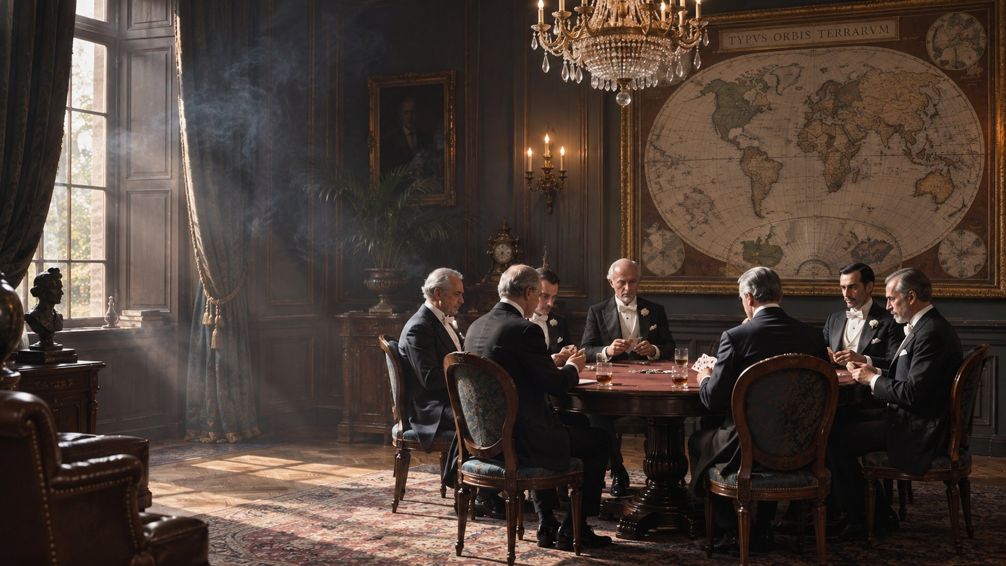 The diplomats’ salon: gentlemen in tailcoats playing cards at a round table beneath the old world map “Typus Orbis Terrarum”, a chandelier, cigar smoke