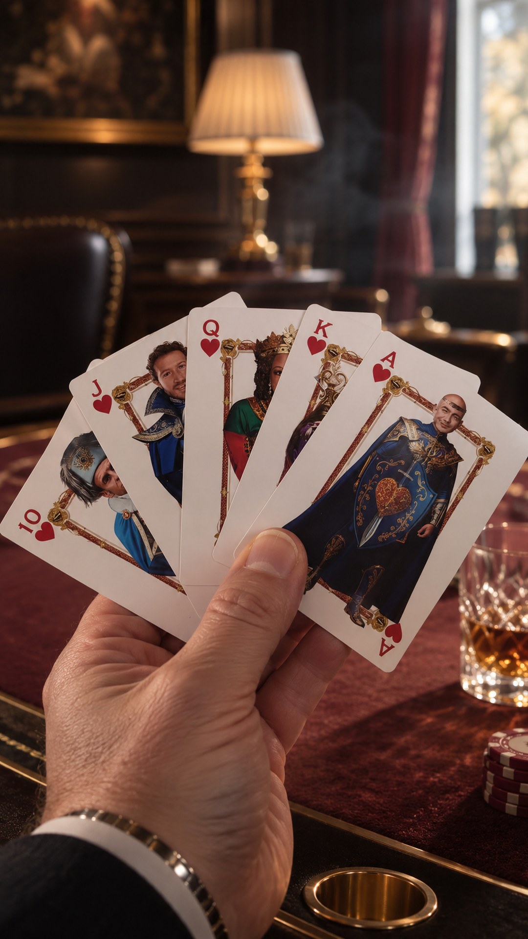 A hand holding the 10, J, Q, K and A of hearts from the “World Superheroes” deck — Zuckerberg, Bezos and others in crowns, with a red poker table and a glass of whisky in the background