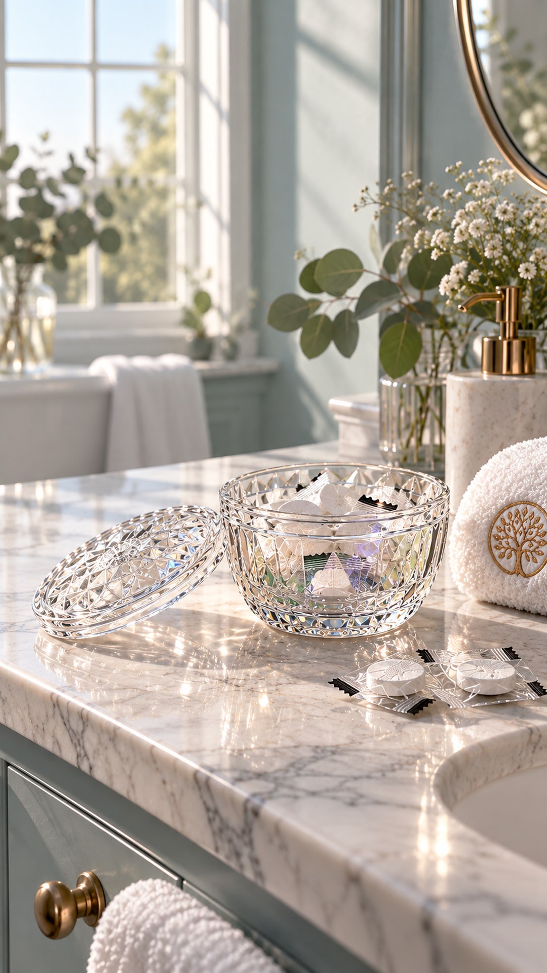 Crystal “Biomind” device on white marble with eucalyptus and a towel