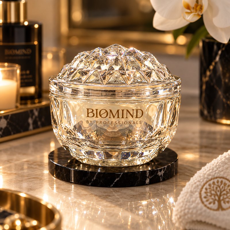 Crystal “Biomind” vessel on a black marble base, with a candle and an orchid