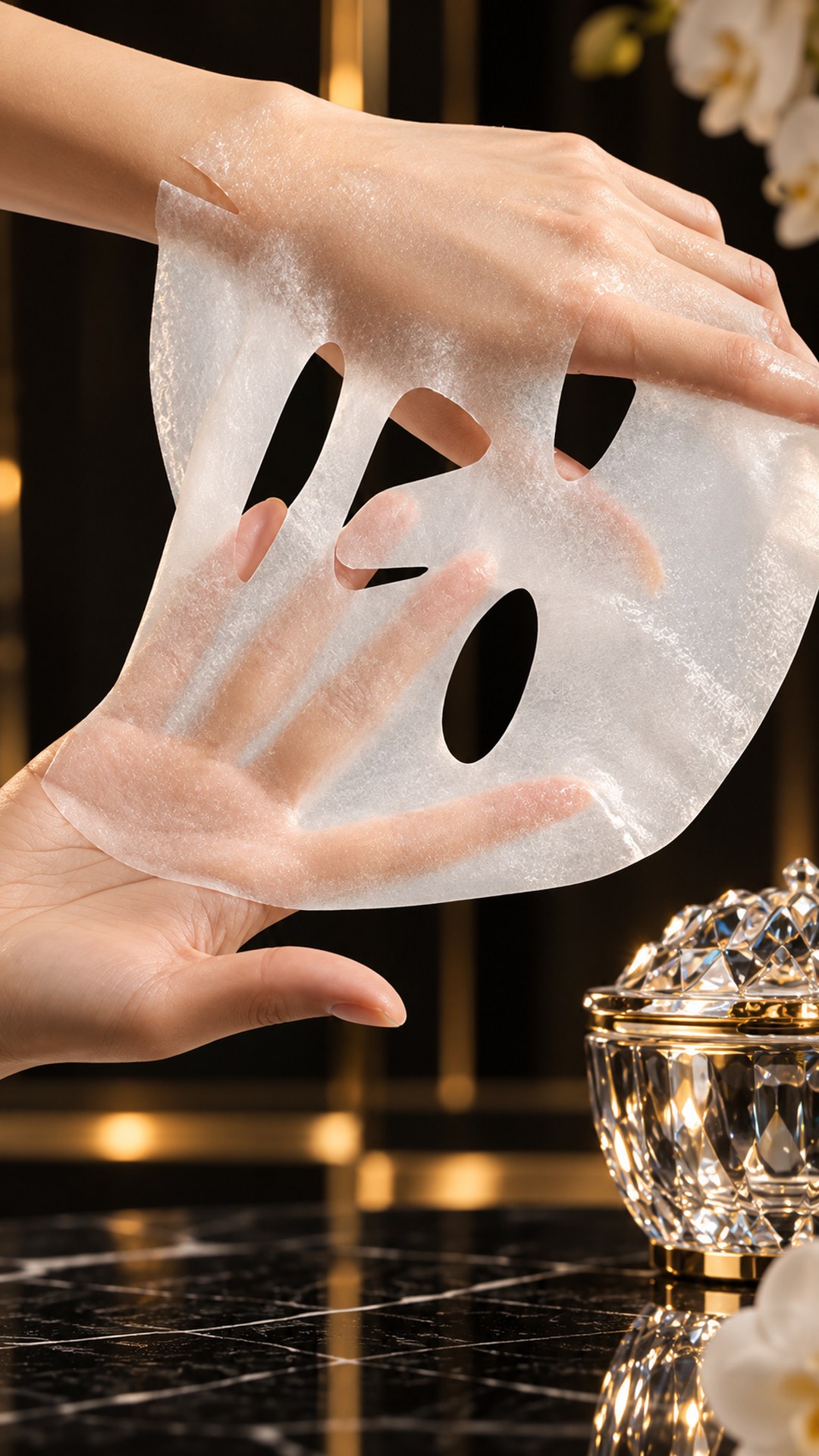 Hands lifting an unfolded sheet mask above the crystal device