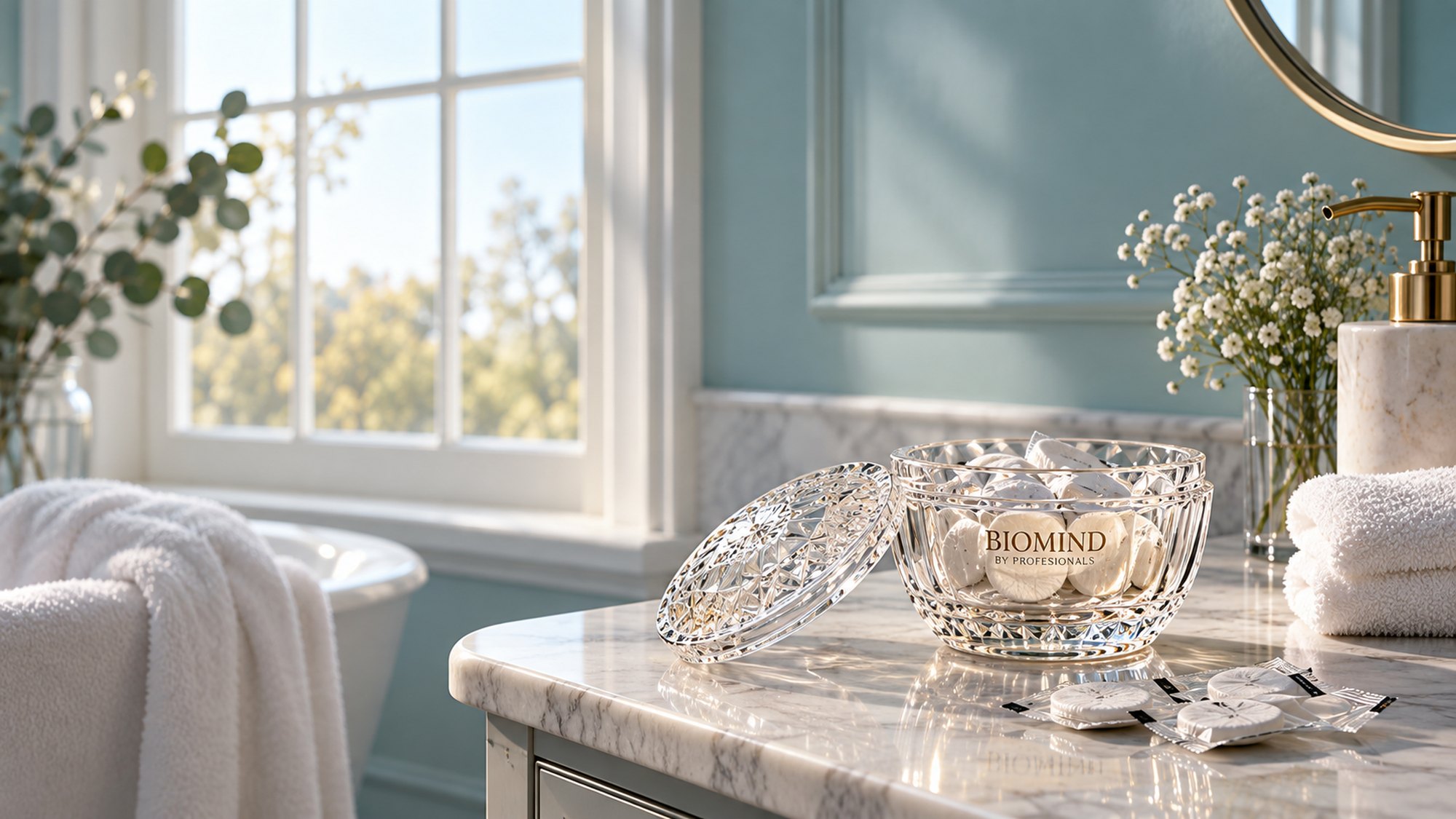 A woman in a white robe by a bright manor bathroom window, a sheet mask laid out on the marble