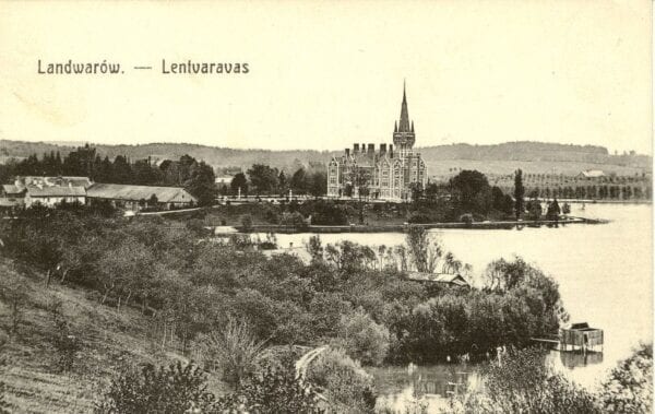 Historic Lentvaris Manor and Lake Postcard Sepia postcard showing a neo-Gothic manor with spire beside a lake, wooded shores and buildings