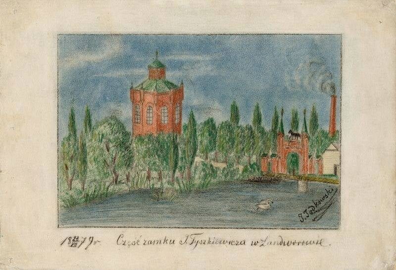 Earliest View of Lentvaris Manor Coloured pencil drawing of a red brick tower and gatehouse beside a pond, with a smoking factory chimney