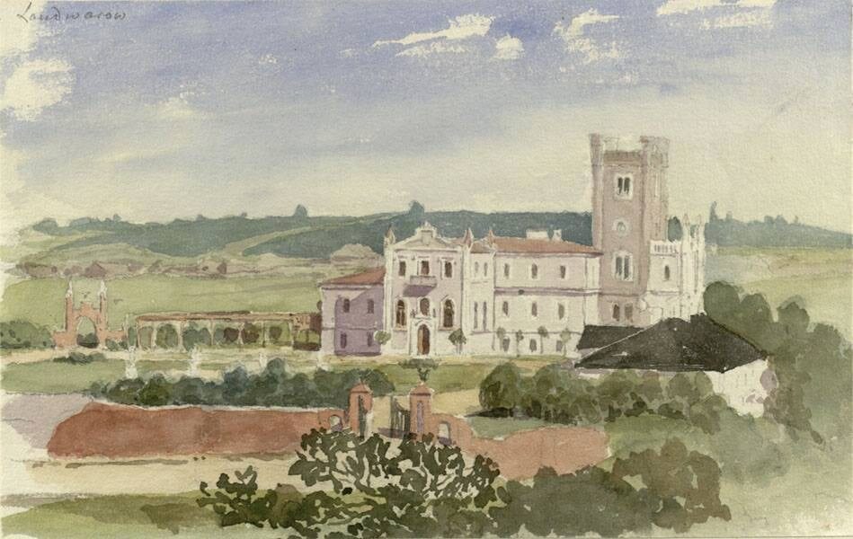 Early Watercolour View of Lentvaris Manor Watercolour of a pale manor house with tall tower, arched gateway and parkland under a cloudy sky