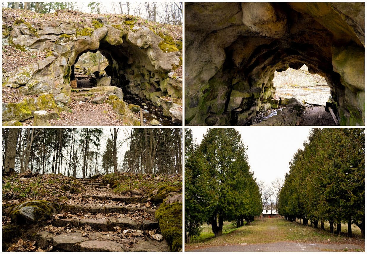 Stone Grotto and Thuja Avenue at Lentvaris Park Four views of a mossy stone grotto arch, leaf-covered stone steps and a thuja-lined avenue