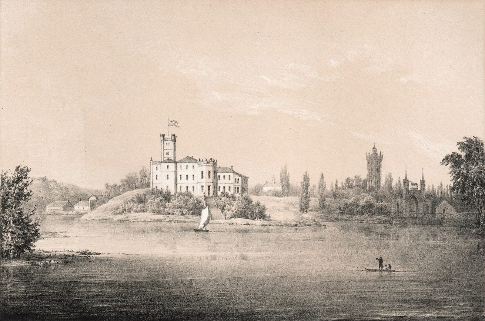 Earliest View of Lentvaris Manor Lithograph of a hilltop manor with clock tower above a lake, sailboat and rowers below
