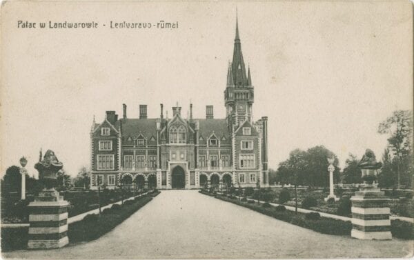 Vintage postcard showing a neo-Gothic palace with tall spire, symmetrical drive and stone gate pillars