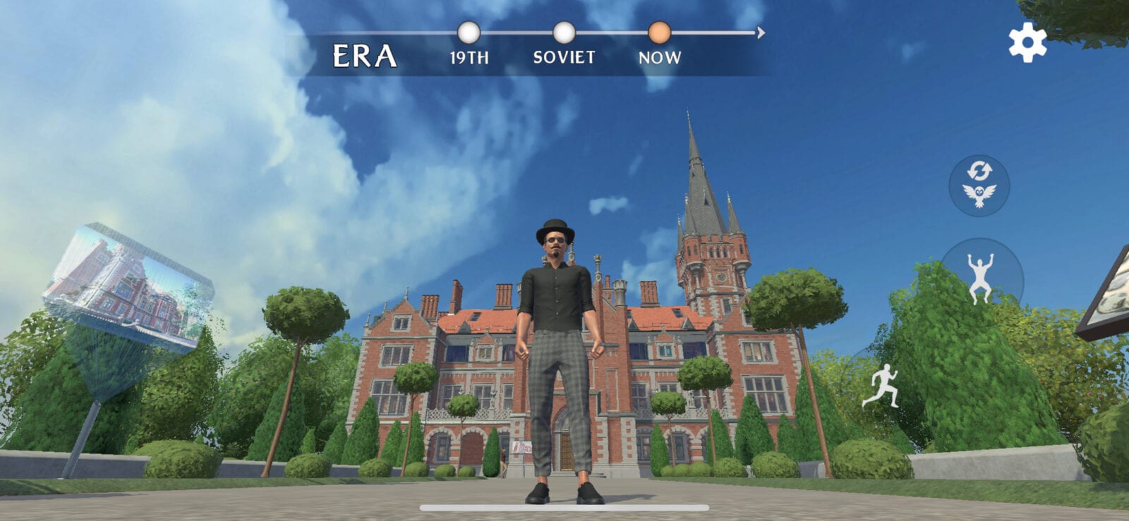 Immersive Unity Learning Environment 3D avatar in hat stands before a historic mansion in a virtual world with an era timeline selector