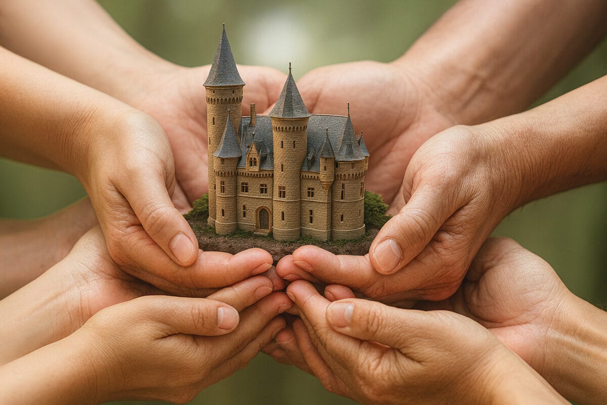 Shared Ownership of Heritage Castles Several pairs of hands cupped together holding a small model castle outdoors
