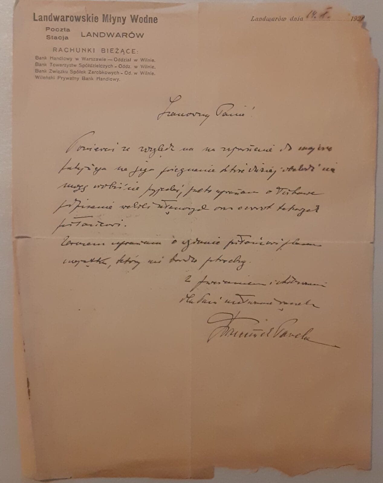 Aged 1921 letterhead of Lentvaris Water Mills with handwritten Polish text and signature