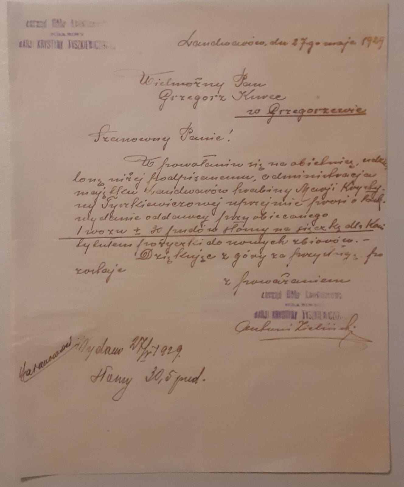 Handwritten 1929 letter on headed paper with two purple estate stamps and a signature